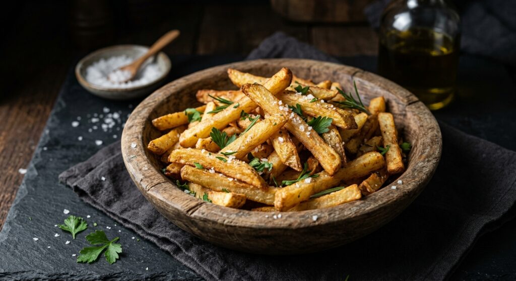 A professional food photography shot of a rustic wooden bowl filled with golden-brown, crispy homema
