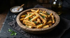A professional food photography shot of a rustic wooden bowl filled with golden-brown, crispy homema