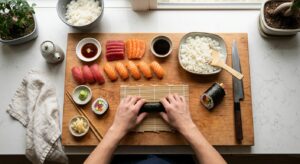 A professional, top-down editorial shot of fresh tuna and salmon sushi being prepared on a wooden cu