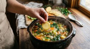 A high-angle, professional food photography shot of a steaming vegetable soup in a rustic ceramic bo