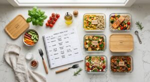 A professional, editorial-style flat lay photography image featuring organized meal prep glass conta