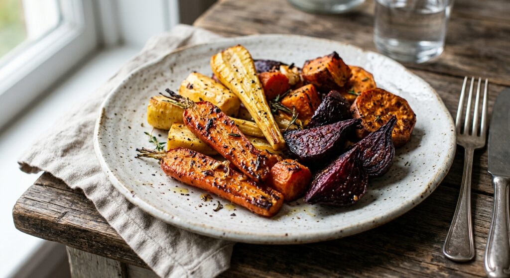A professional, editorial-style close-up of vibrant, perfectly roasted root vegetables arranged on a