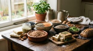 A high-end, editorial-style photograph featuring an artful arrangement of various plant-based protei