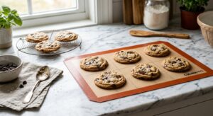 A high-quality, professional food photography shot of a pristine, professional-grade silicone baking