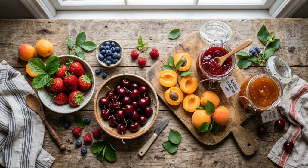 A professional, top-down editorial photograph of an assortment of fresh, sun-ripened seasonal fruits