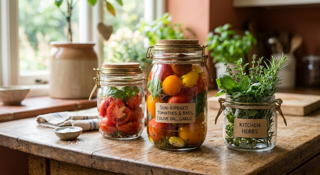 A professional, editorial-style close-up of sun-ripened tomatoes and fresh herbs in rustic glass can