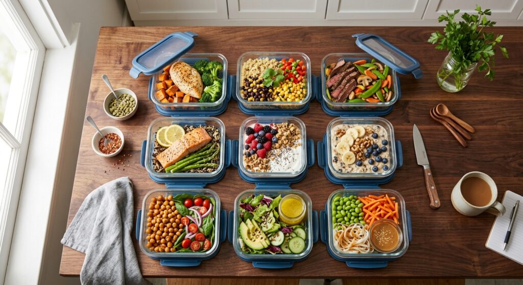 A high-end editorial top-down shot of a wooden kitchen counter organized with multiple glass meal pr