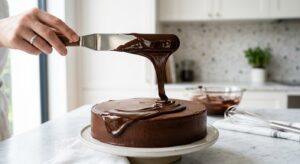 A professional, close-up editorial shot of glossy, perfectly tempered melted chocolate being drizzle