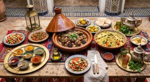 A high-angle, editorial-style food photography shot of a vibrant Moroccan feast featuring a steaming