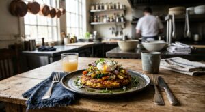 A high-end, editorial-style food photography shot of a beautifully plated, creative meal reimagined