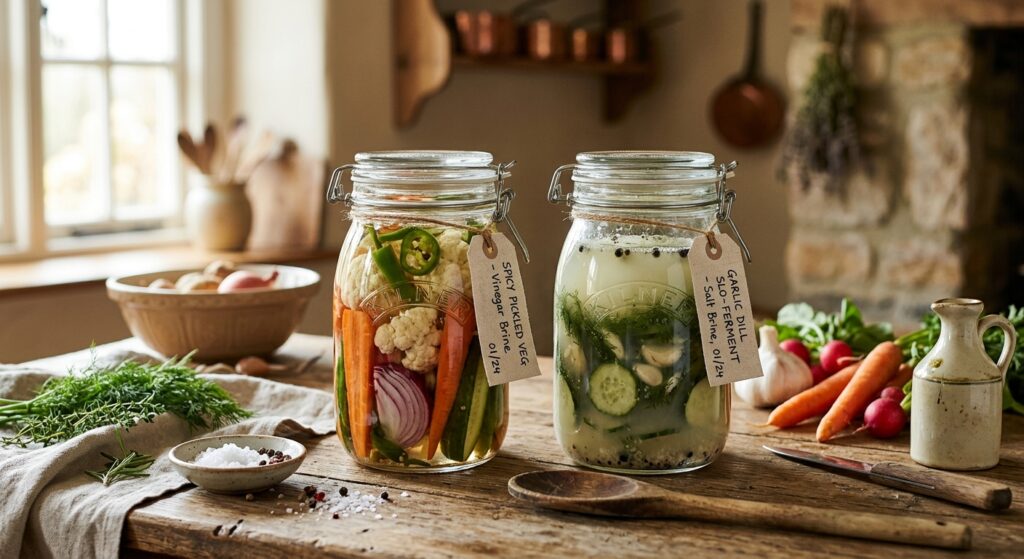 A high-end, editorial food photography shot showcasing a rustic wooden table with two glass jars sid