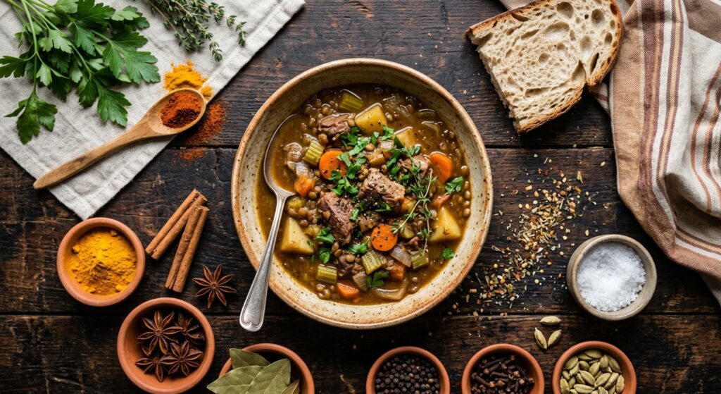 A professional top-down food photography shot of a hearty homemade stew in a rustic ceramic bowl, ga