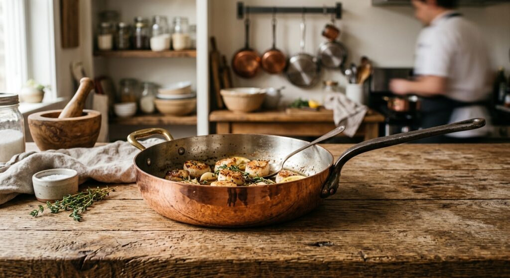 A professional, high-end editorial food photography shot of a sleek copper pan resting on a rustic w