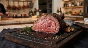 A professional, editorial-style close-up of a perfectly roasted, succulent piece of meat on a dark r