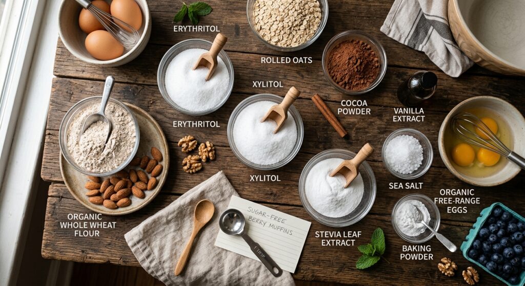 A professional, editorial-style flat lay featuring various natural sugar substitutes like erythritol
