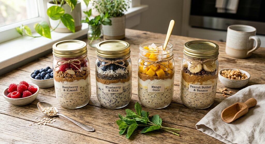 A professional editorial flat-lay photograph of vibrant, layered overnight oats and fresh fruit in g