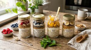 A professional editorial flat-lay photograph of vibrant, layered overnight oats and fresh fruit in g