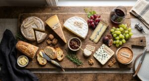 A sophisticated flat lay composition featuring a variety of artisanal French cheeses, fresh baguette