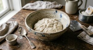 A professional, high-angle culinary shot of a failed, dense yeast dough in a vintage ceramic bowl on