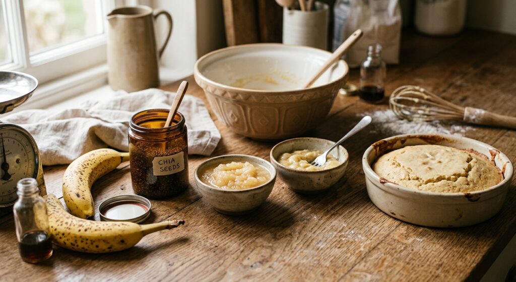 A professional, editorial-style close-up of a rustic kitchen counter featuring various egg alternati
