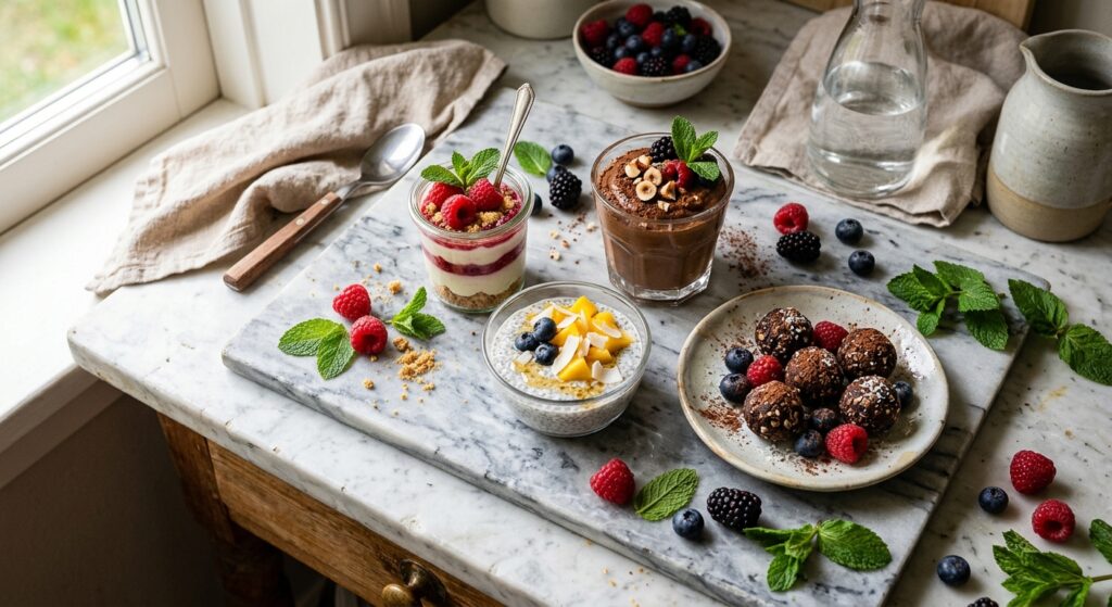 A high-angle, editorial-style food photography shot of elegant, quick-to-prepare no-bake desserts se