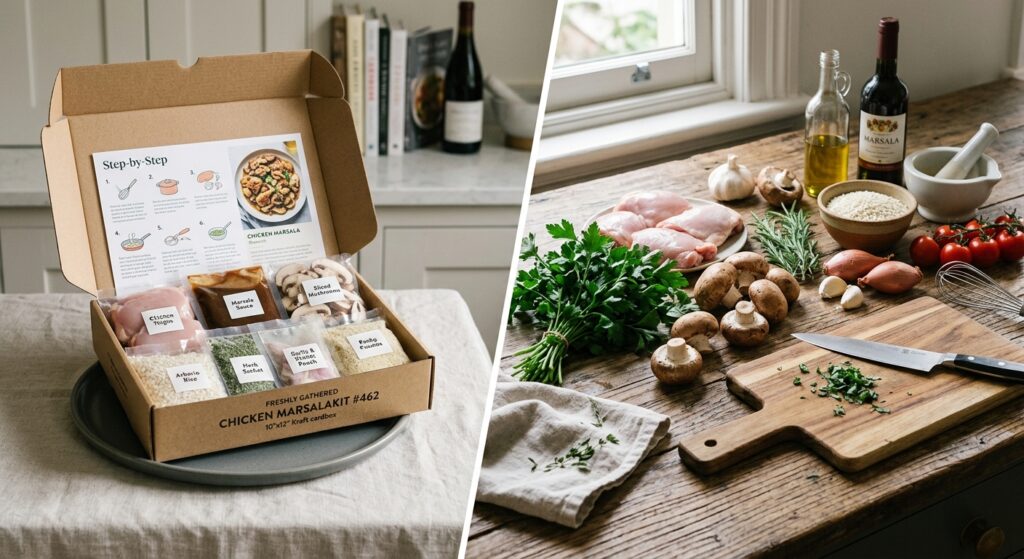 A high-end editorial split-screen photograph contrasting a neatly arranged gourmet meal delivery box