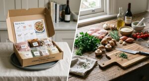 A high-end editorial split-screen photograph contrasting a neatly arranged gourmet meal delivery box