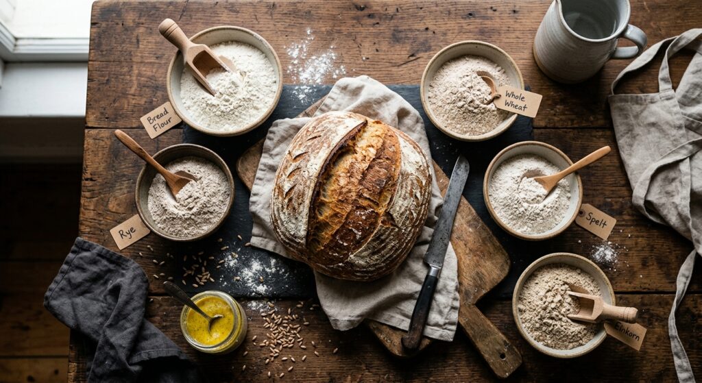 A professional, high-angle editorial shot of rustic sourdough bread surrounded by various types of f