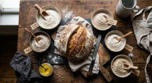 A professional, high-angle editorial shot of rustic sourdough bread surrounded by various types of f