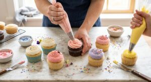 A professional, top-down editorial shot of freshly baked cupcakes being decorated with swirl pattern