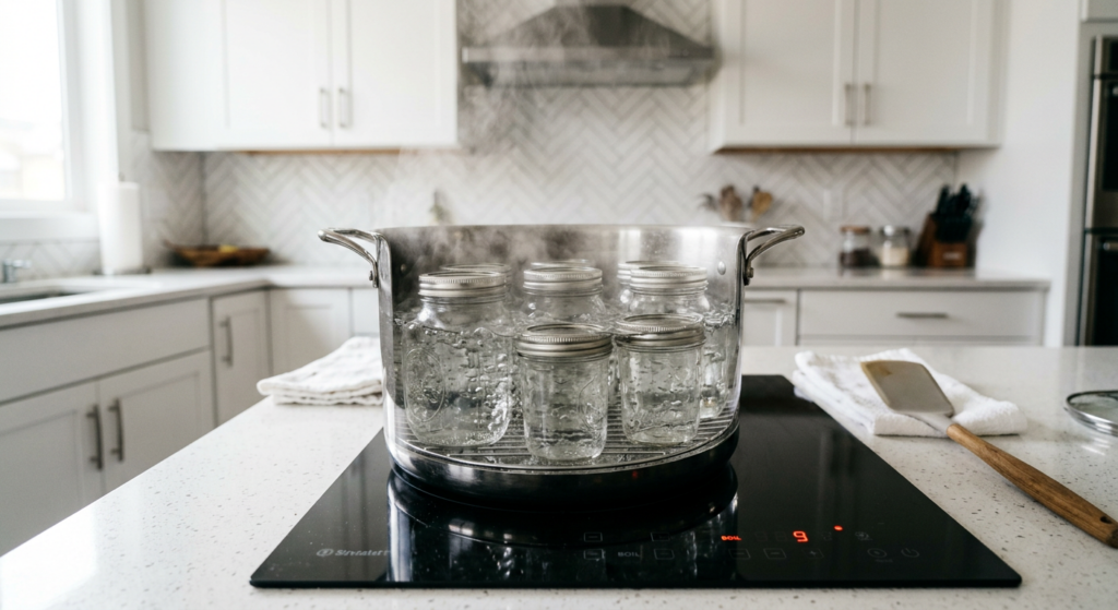 A professional, high-angle editorial shot of clean glass jars being sterilized in a pot of boiling w