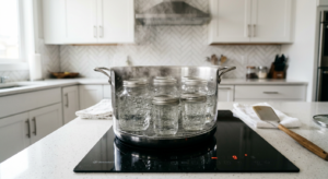 A professional, high-angle editorial shot of clean glass jars being sterilized in a pot of boiling w