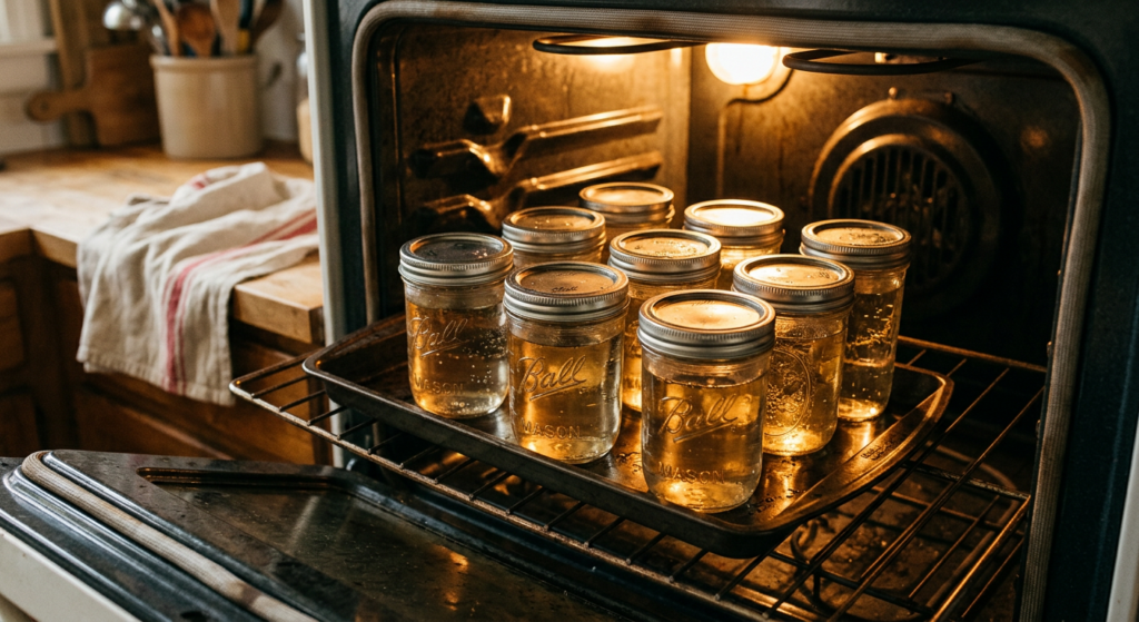 A professional, high-angle editorial photograph of glass mason jars arranged neatly on a baking tray