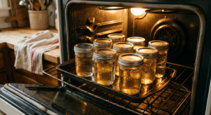 A professional, high-angle editorial photograph of glass mason jars arranged neatly on a baking tray