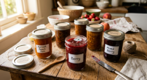 A professional, high-angle editorial photograph of several glass jars of homemade fruit jam on a rus