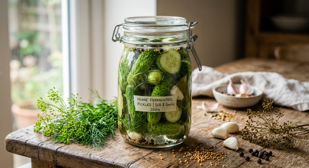 A professional, close-up editorial shot of a crystal-clear glass jar filled with vibrant, crisp ferm