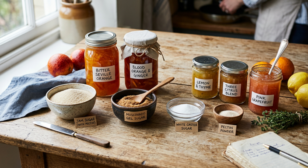 A professional, high-angle culinary shot featuring various jars of homemade marmalade next to small