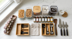 A professional editorial flat-lay of modern, high-quality kitchen organization tools and airtight st