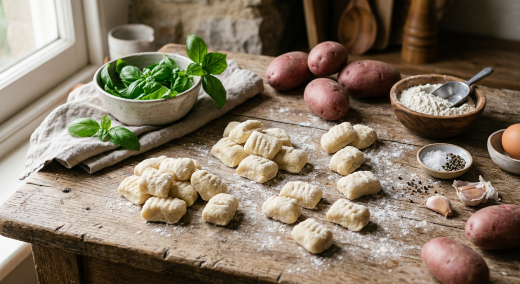 A high-angle, professional editorial shot of freshly prepared, soft potato gnocchi dusted with flour