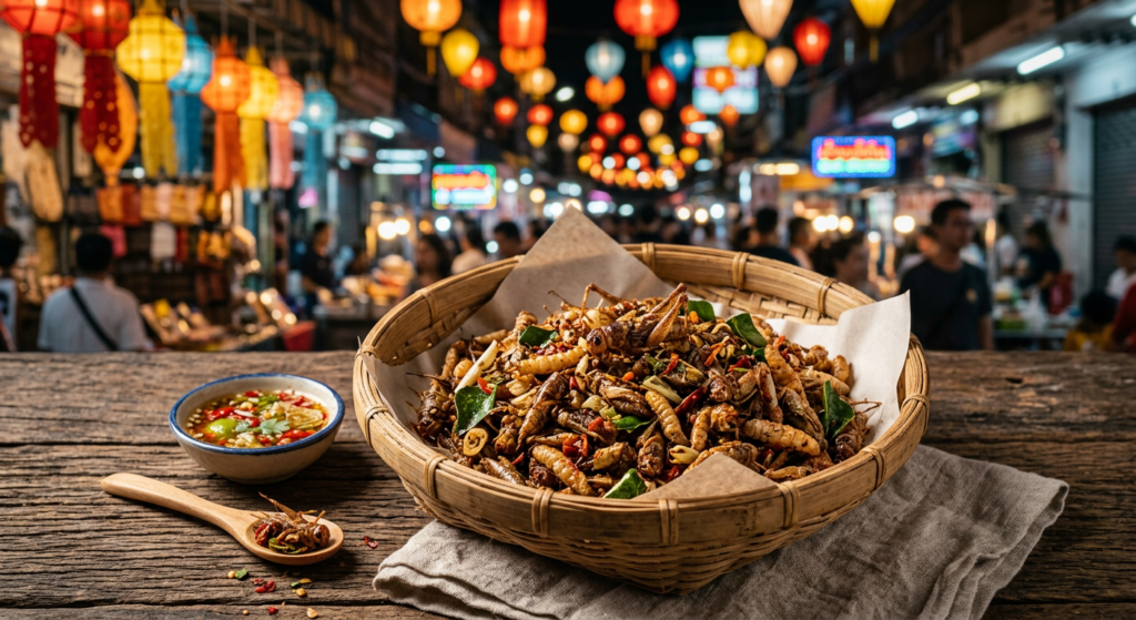 A professional, high-angle editorial food photograph of a crispy, seasoned insect street food snack
