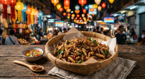 A professional, high-angle editorial food photograph of a crispy, seasoned insect street food snack