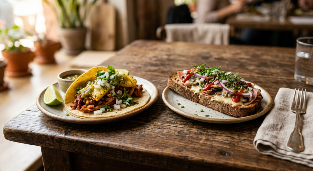 A high-end, editorial food photography shot featuring a vibrant Mexican taco and a rustic Polish ope