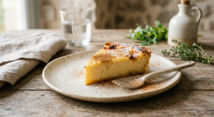 A professional, editorial-style close-up of an exquisite, lesser-known Greek dessert served on ceram