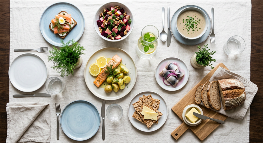 A professional, editorial-style flat lay photography of a modern Scandinavian dinner table featuring