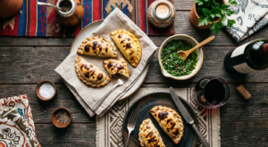 An elegant, top-down editorial food photography shot featuring a rustic wooden table set for an Arge