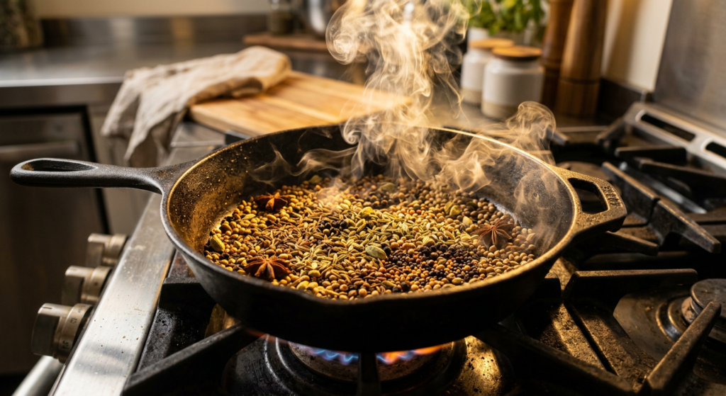 A professional, high-angle culinary shot of whole spices being toasted in a cast-iron skillet, with