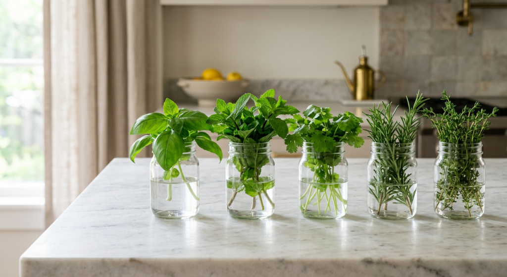 A professional, high-angle editorial shot of vibrant, fresh green herbs placed in minimalist glass j