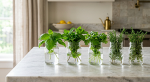 A professional, high-angle editorial shot of vibrant, fresh green herbs placed in minimalist glass j