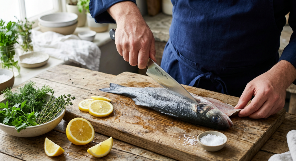 A professional, high-angle culinary shot of a sharp chef's knife filleting a fresh whole fish on a r