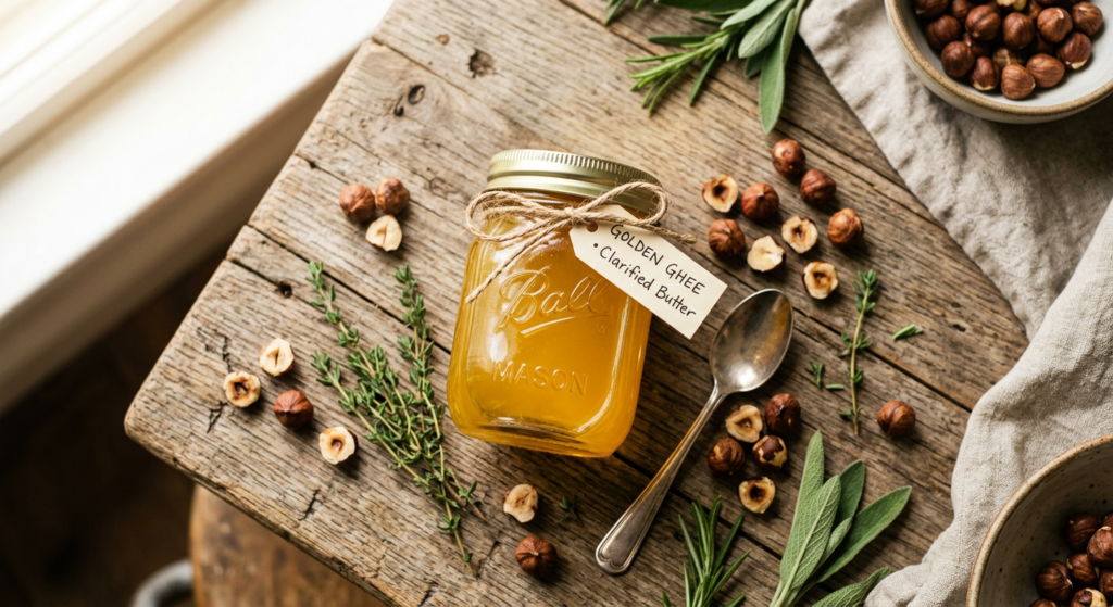 A high-angle, professional editorial shot of golden clarified butter in a glass jar, surrounded by s